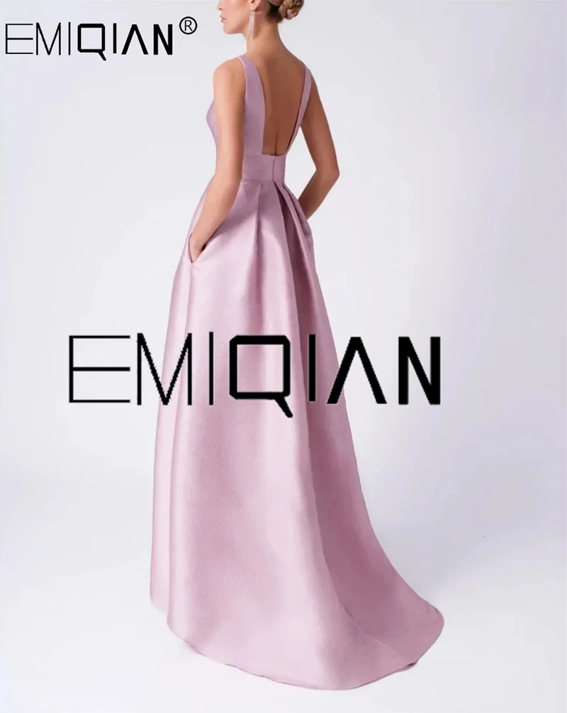 Backless Roses Satin Pink Elegant Formal Dresses for Women Evening Dress Hi-Lo Prom Gown Robe De Soiree Femmes Long