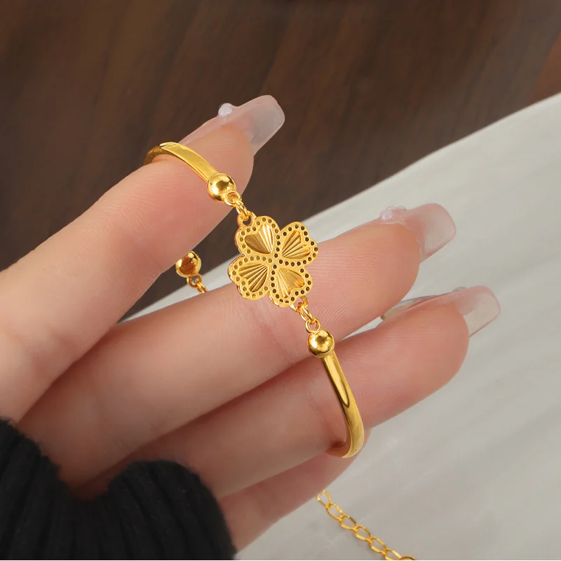 Light Luxury Curved Tube Laser Heart Clover Titanium Steel Bracelet Plated 18K Gold Waterproof Color-Retaining Jewelry for Women