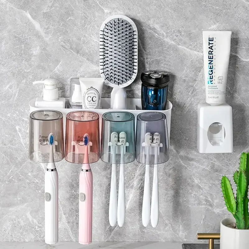 Wall Mounted Toothbrush Holder with Cup Automatic Toothpaste Squeezer Dispenser Suction Cup Bathroom Storage Rack Box for Family