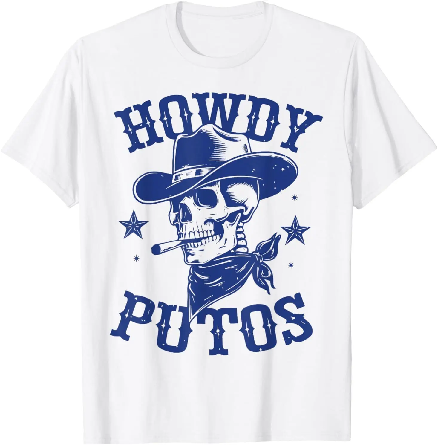 

Howdy Putos Funny Western Smoking Cowboy Skull T-Shirt graphic t shirts Unisex cotton Vintage round neck Tees Short Sleeve