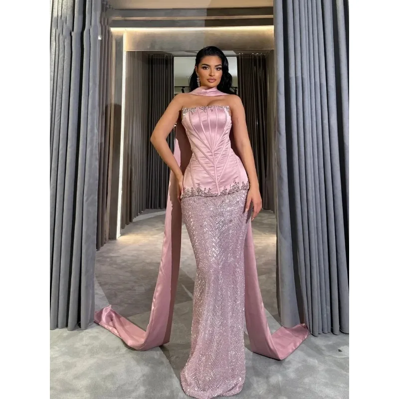 エレガントなストラップレスのスパンコール付きイブニングドレスセクシーなレースマーメイドウエディングドレスパーティードレス Vestdos De Fiesta カスタマイズ