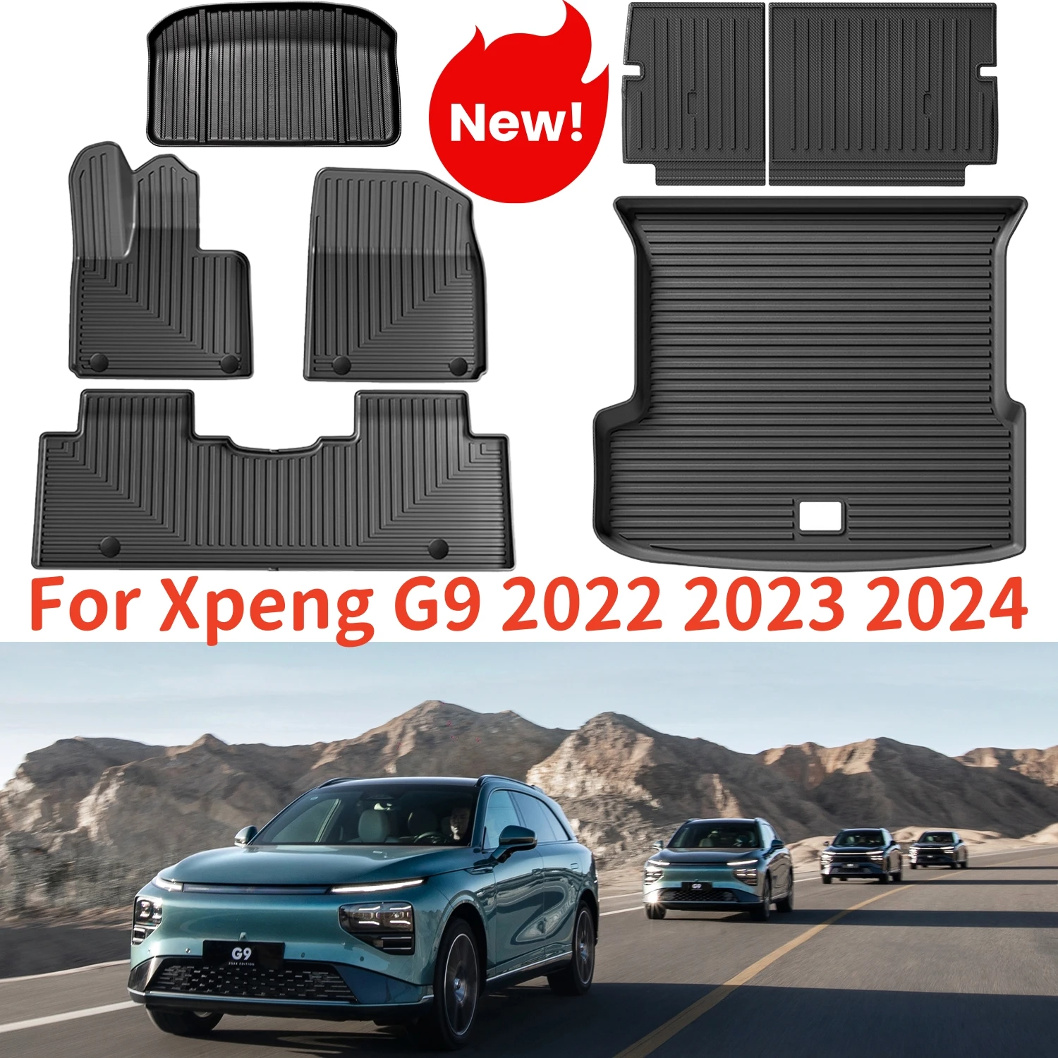 

For Xpeng G9 2024 2023 2022 TPE Floor Mats & Cargo Liners, All Weather Floor Liners Trunk Mat TPE Heavy Duty Waterproof Pad