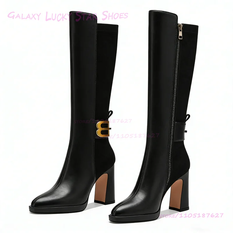 البني الجلد المدبوغ معدن إلكتروني مشبك التمهيد سترتش النساء المرقعة الأسود الركبة الجوارب حذاء بكعب سميك الفتيات الكاحل حزام التفاف الأحذية