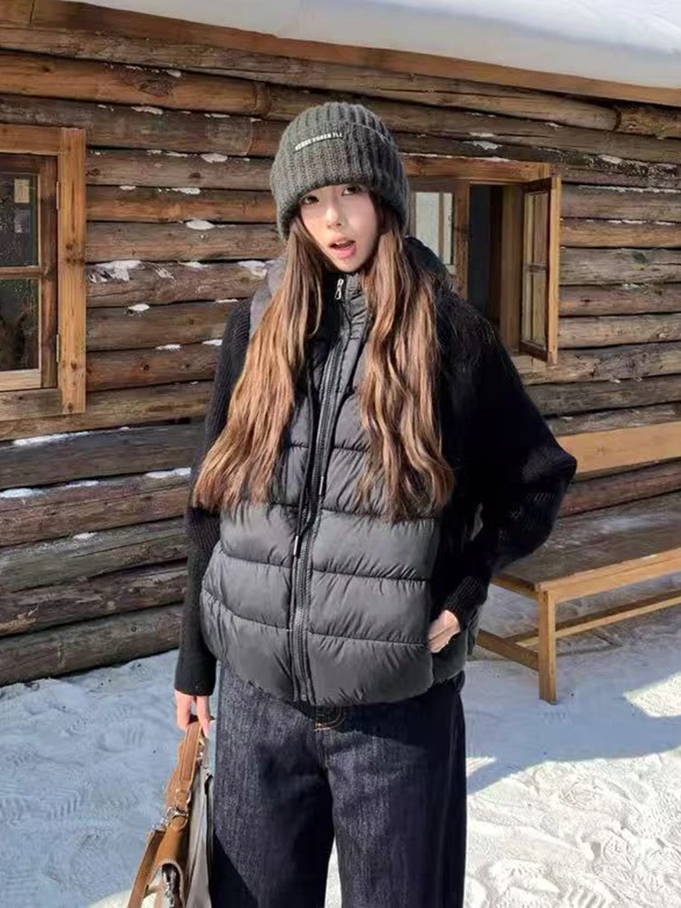 Casacos de parka de retalhos de malha feminino coreano inverno quente falso 2 peça emenda para baixo jaqueta y2k solto casual hoodie puffer outwear