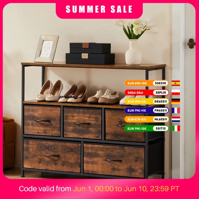 JHK Shoe Cabinet Dresser With 5 Fabric Drawers Toy Storage TV Stand Multilayer Shoe Rack Space Saving Cabinet Of Home Furniture