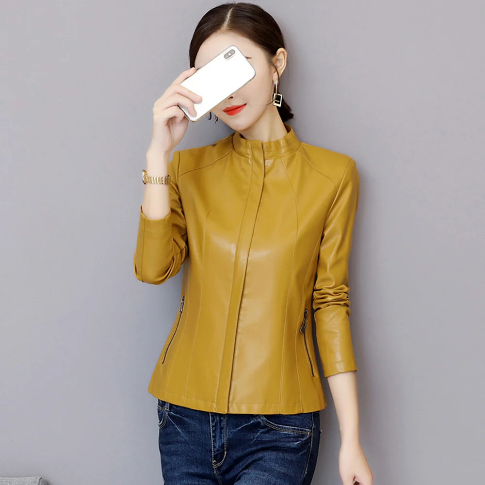 

Jacket New Women Leather Autumn Winter Simple Fashion Thick Stand Collar Solid Color Short Sheepskin Coat Slim Outerwear Female