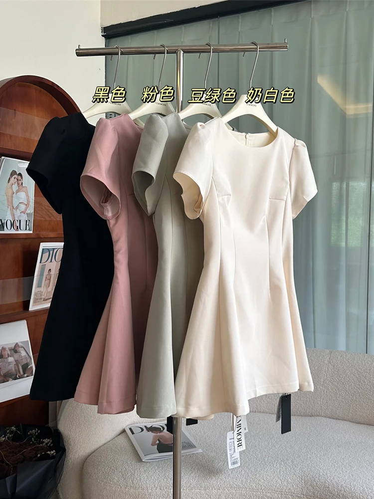 Summer Solid Color French Vintage Elegant Short Sleeve Dress Women Office Lady A-line Old Money Frock One-Piece Trendy Elegant