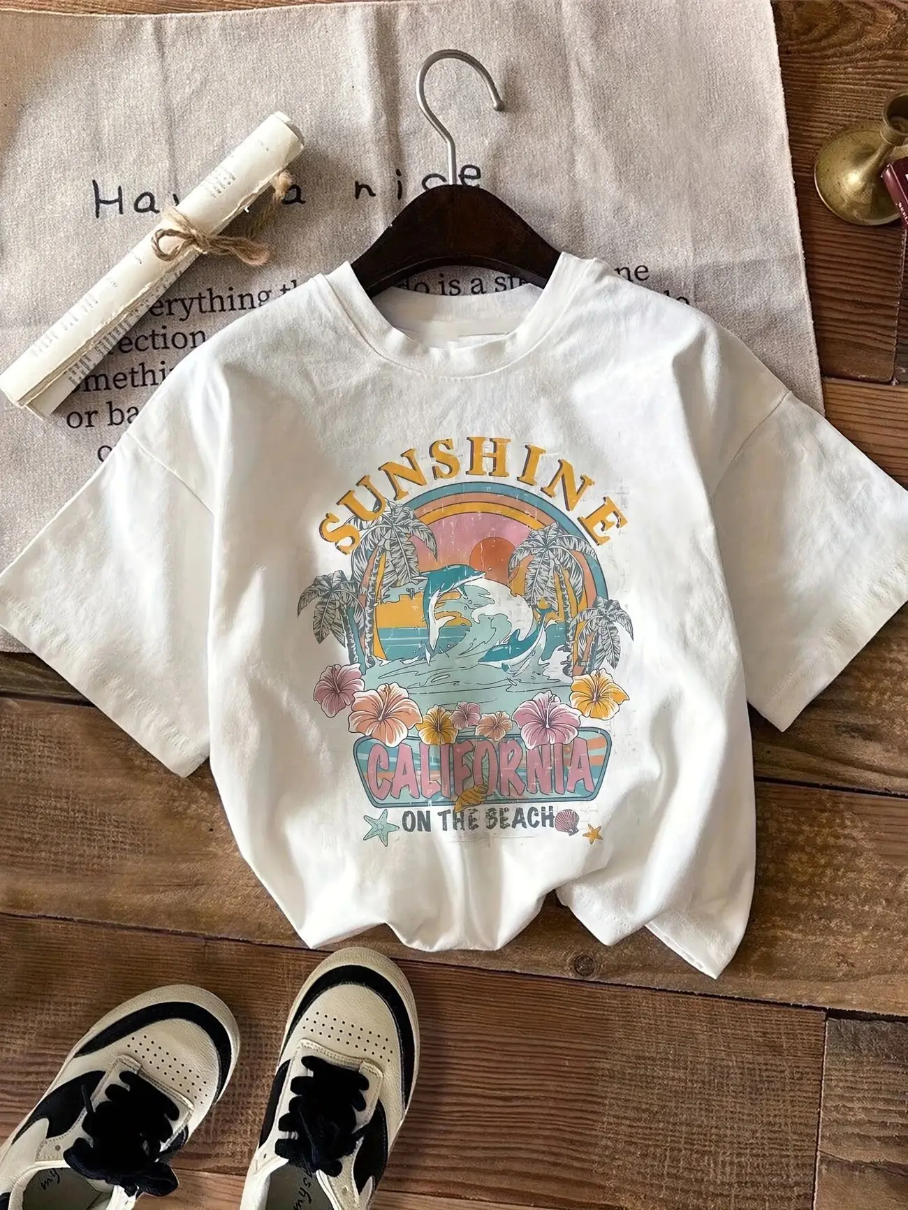 Plus - Size California Beach Graphic Tee, White Short - Sleeve with “SUNSHINE CALIFORNIA” Print