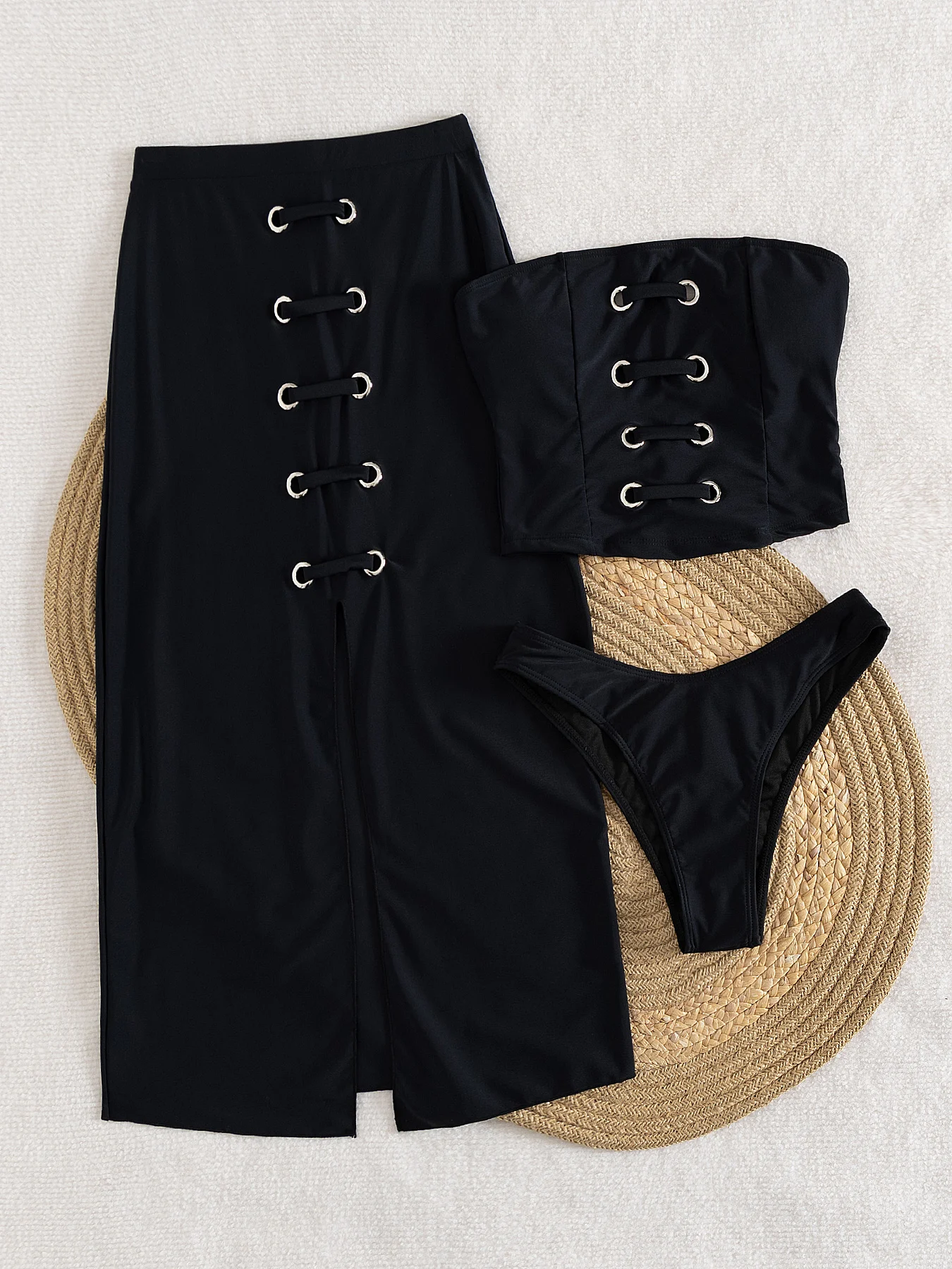

2025 Edgy Black Bikini Set – Gold Spike Rings & Minimalist Design Perfect for Beach Wear and Pool Parties Summer Getaways
