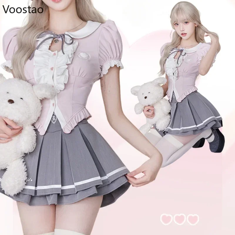 Preppy Style Lolita Skirt Set Women Kawaii Ruffles Peter Pan Collar Shirt Cute Mini Pleated Skirts Suit Female Korean JK Uniform