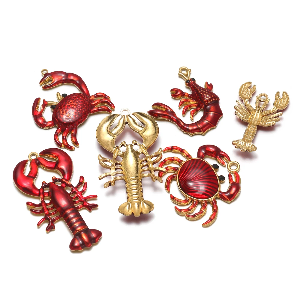 4 Stück Edelstahl-Anhänger mit roter Emaille in Form von gekochtem Hummer und Krabbe für DIY-Schmuck, Kinder-Halsketten und Damen-Ohrringe.