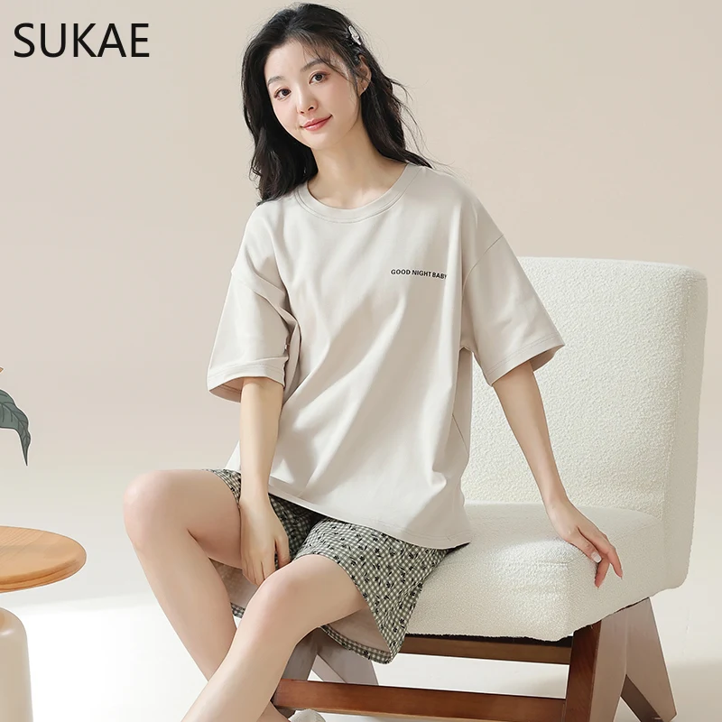 SUKAE Summer Women Shorts Cotton Nightwear Short Sleeves Pullover Leisure Lady Sleepwear Casual Pijamas Set Chic Woman Pajamas