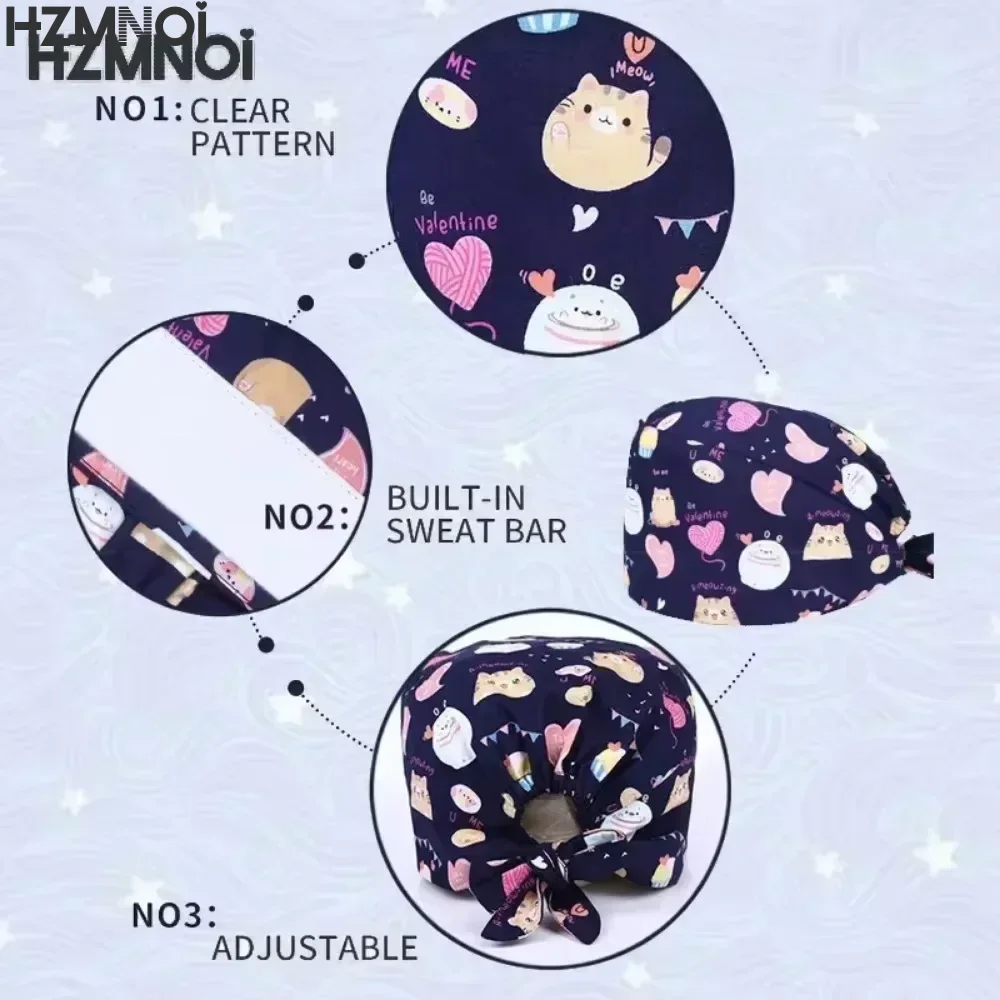 الكرتون الجراحية فرك قبعة القطن الخالص سبا صالون تجميل الشيف نظيفة قبعة العمل المطبوعة عيادة الأسنان قبعات قبعات الجراحة النسائية