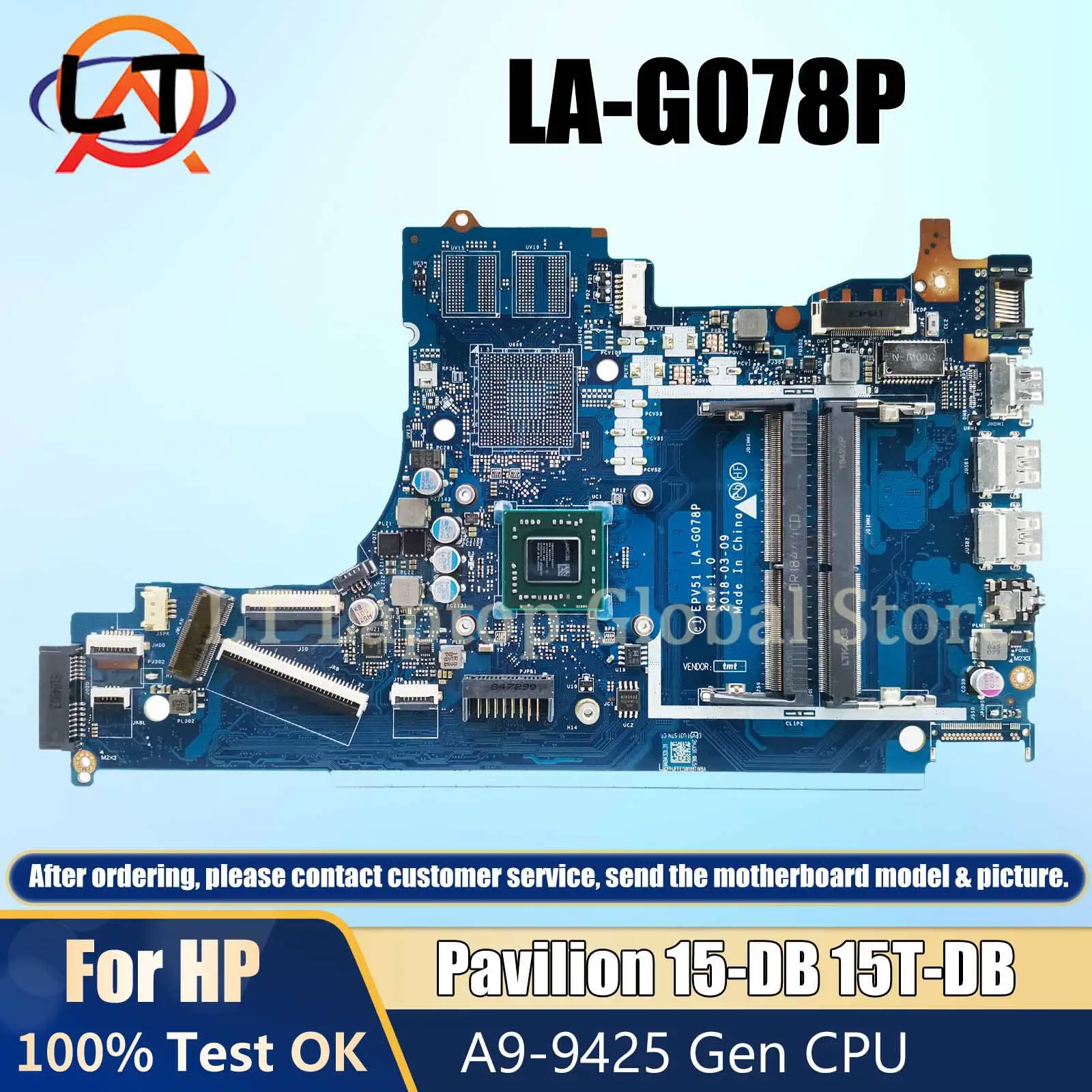 LA-G078P Motherboard For HP Laptop Mainboard Pavilion 15-DB 15T-DB 255 G7 EPV51 L20477-601 A9-9425 CPU DDR4