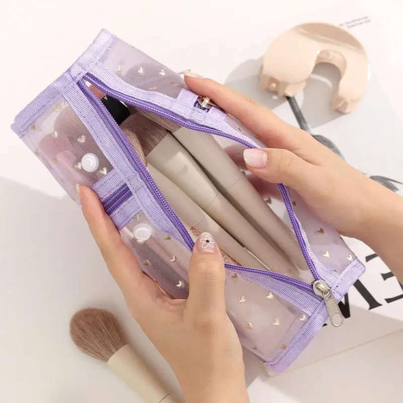 {MX} Bolsa de almacenamiento de cosméticos de malla cilíndrica, organizador de brochas de maquillaje de gran capacidad, bolsa de aseo portátil con patrón de corazón bonito