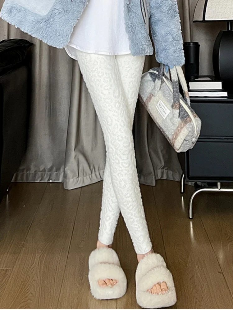 SMTHMA الشتاء سميكة ليوبارد طباعة المنك الصوف طماق للنساء الدفء عالية الخصر مطاطا التخسيس بنطال ذو قصة أرجل صغيرة