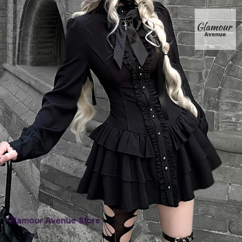 

Japanese Diablo design long-sleeved lace slim dress female spring and autumn new fashion casual Joker long-sleeved skirt.