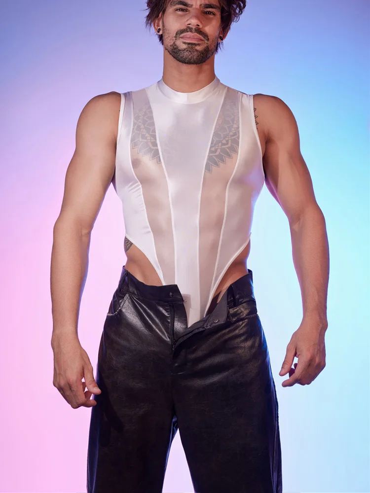 Sexy Men High Cut Bodysuit Patchwork Elastic Tights Stain Smooth Vest Sheer See Through Shapping Maid Leotard One Pieces Thong