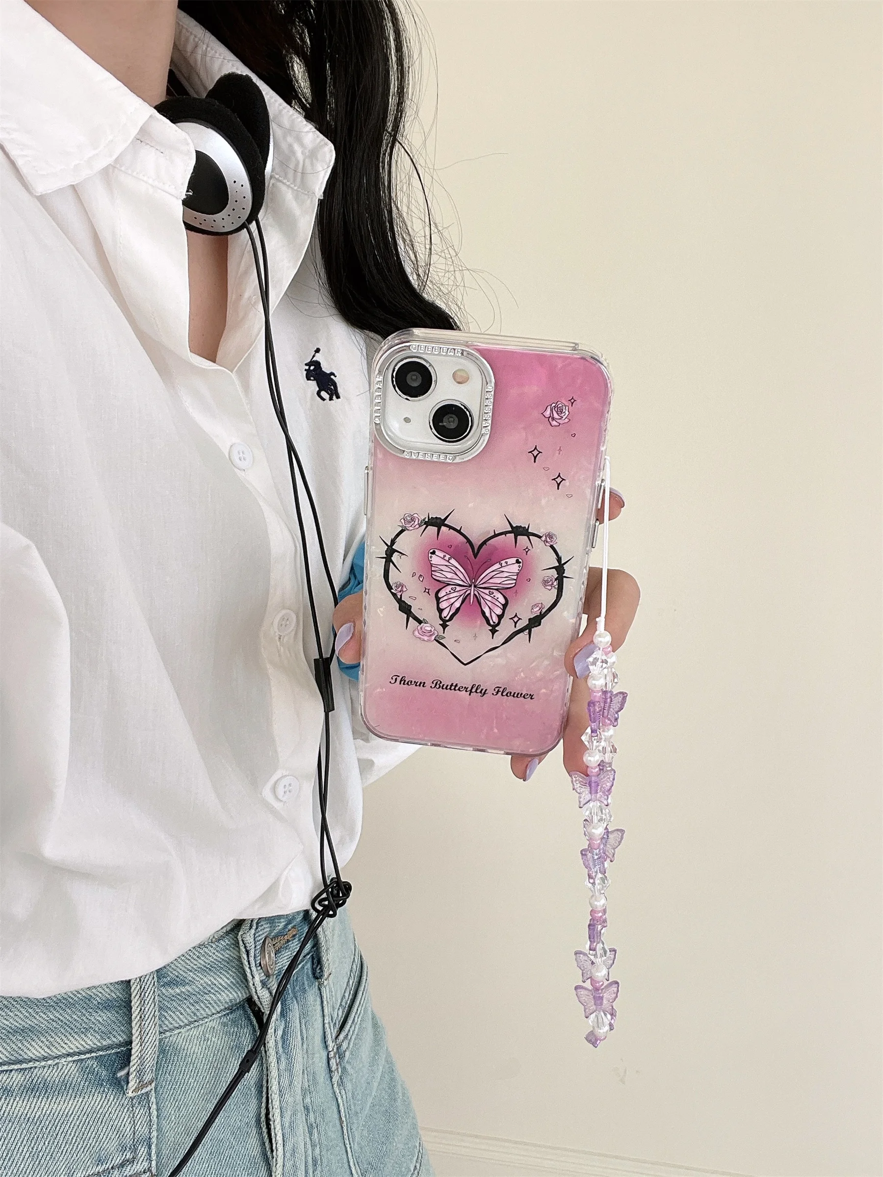 Ins Laser Shell Korea Luxury Gradient Pink Butterfly Bracelet Case for iPhone 15 14 13 12 Pro Max Shockproof Cover For Girl Gift