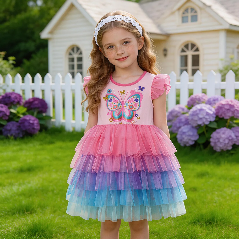 Mädchenkleid mit Schmetterlingsdruck und Stufen-Tüllrock, Flatterärmel, Sommerliches Rosa Tutu-Kleid, Ombre-Partykleid, Elegantes Tanzoutfit für Kinder – Detail 2