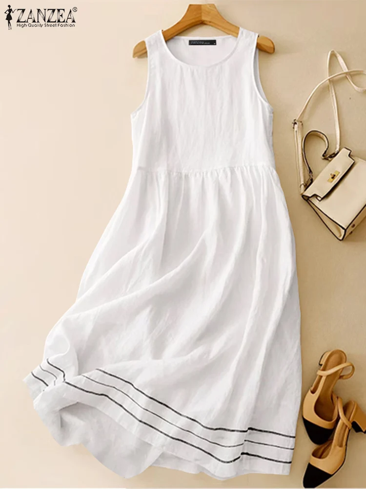 ZANZEA 2024 ฤดูร้อนชุดเดรสแขนกุดผู้หญิงแฟชั่น A-Line Holiday Beach Tanks Vestidos ทํางาน Sarafans Casual หลวมผ้าฝ้าย Sundress