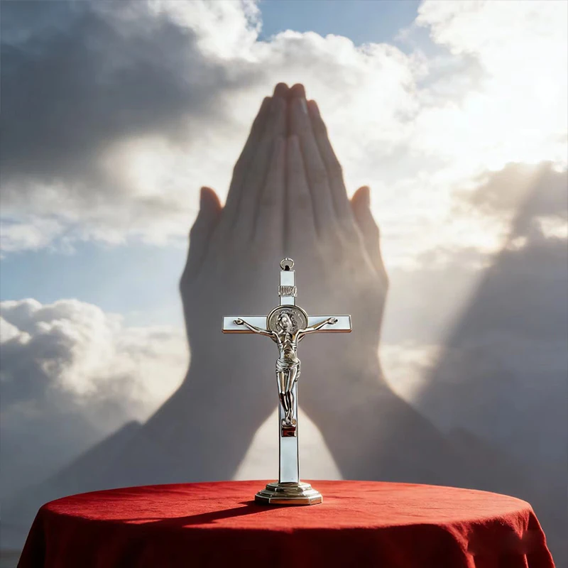 Neu2026 Traditionelles silberfarbenes katholisches St.-Benedikt-Kruzifix mit INRI-Gravur für Kirchenaltar und spirituelle Heimdekoration – Detail 14