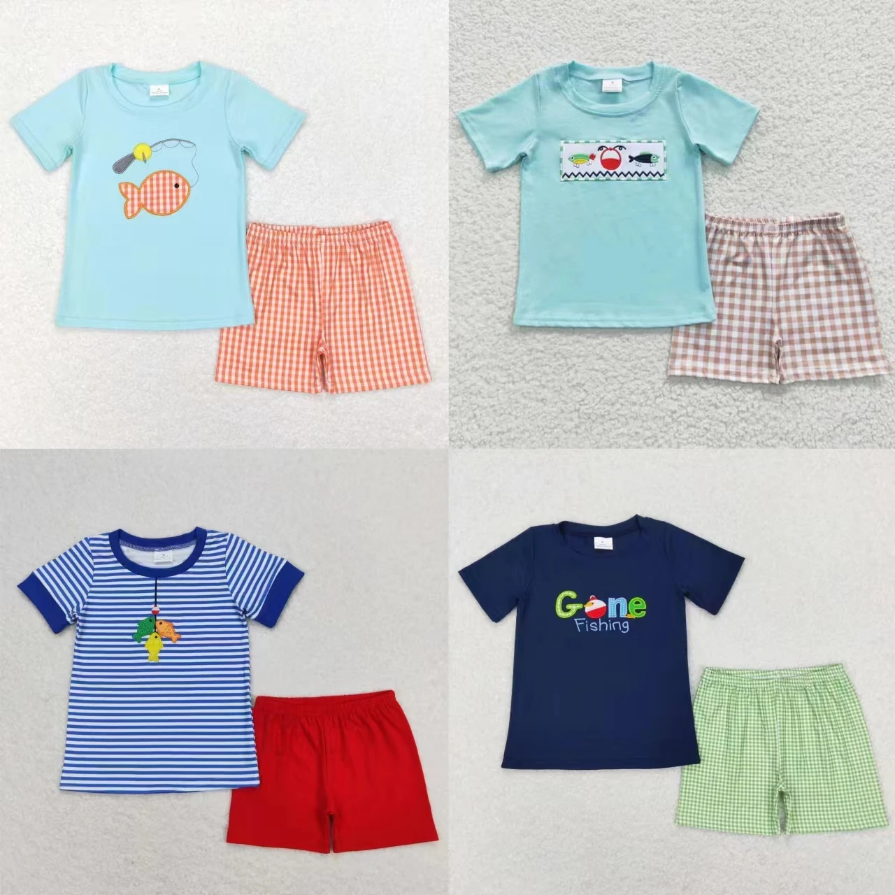 

Wholesale Toddler Short Sleeves Embroidery T-shirts Tee Kids Shorts Baby Boy Fishing Outfit Children Cotton Summer Sets