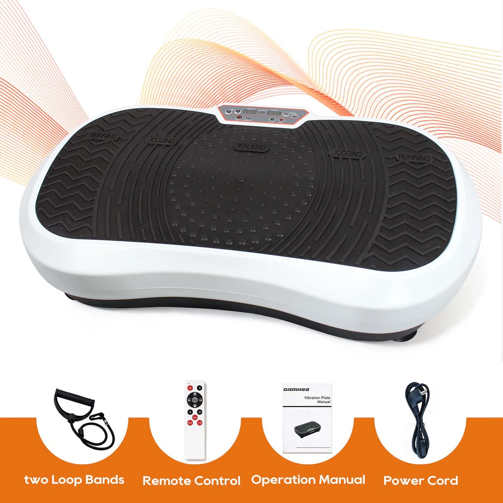 Máquina de fitness vibratoria negra con control remoto y dos bandas de entrenamiento, diseñada para la pérdida de peso y la reducción de grasa.
