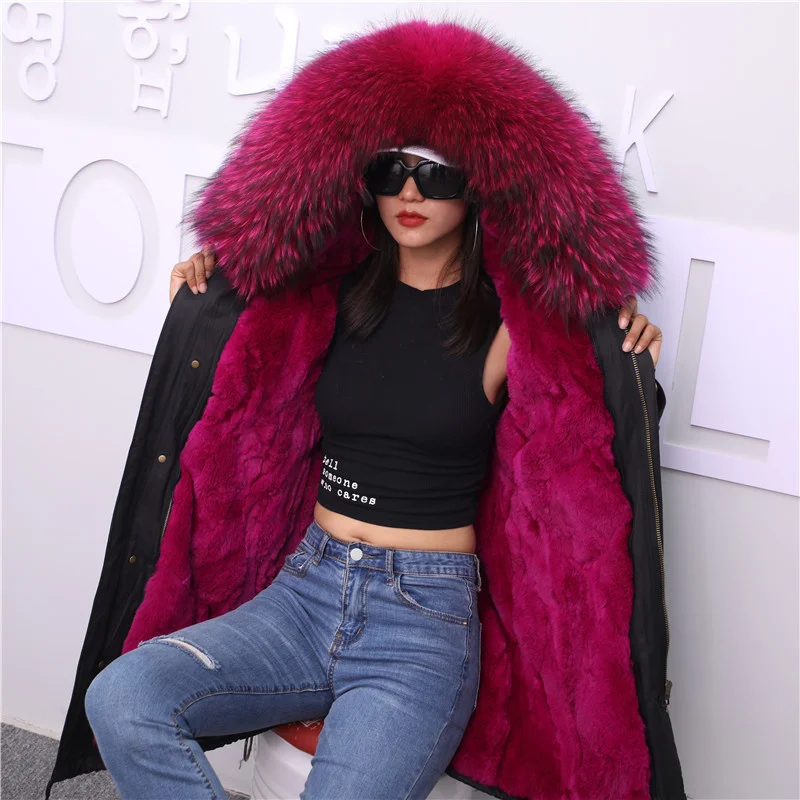 thikcer warm natural fur Oversive parkas female winter Long rabbit fur liner detachable fur coat real fox fur hooded coats F10