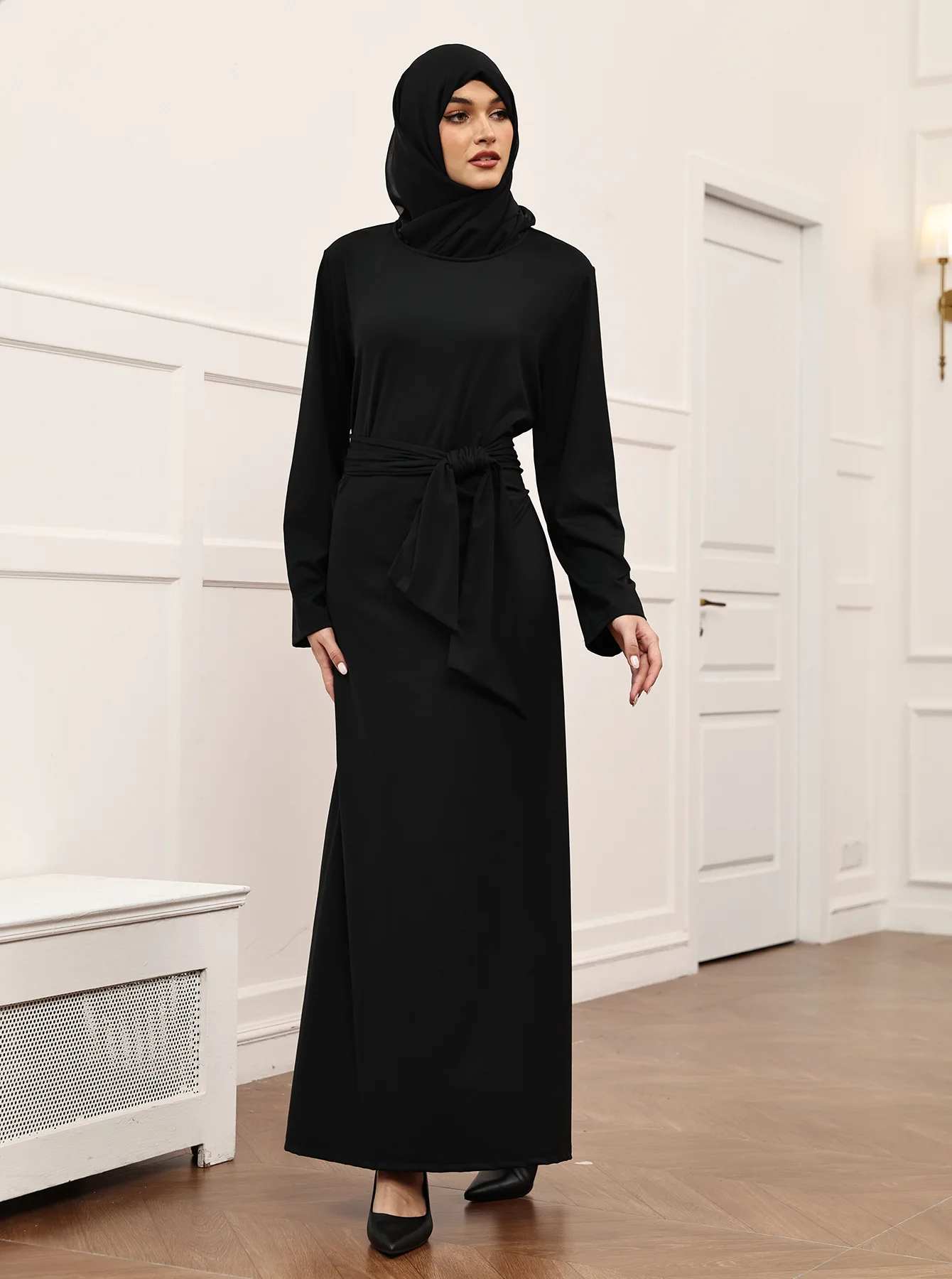 

Новое мусульманское платье-абайя с хиджабом, однотонное, с поясом, длинное, для женщин, в стиле Турции, Аравии, Дубая, исламская одежда, роба