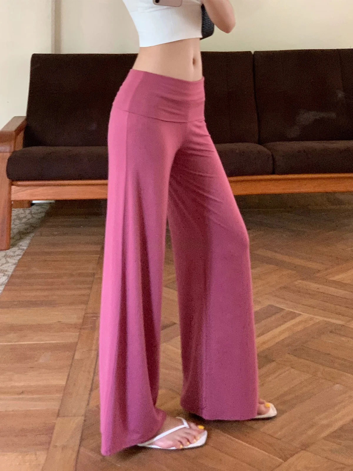 

Женские летние трикотажные брюки для йоги с низкой талией и широкими штанинами, прямого кроя, повседневные спортивные брюки, сексуальные, простые, эластичные на талии