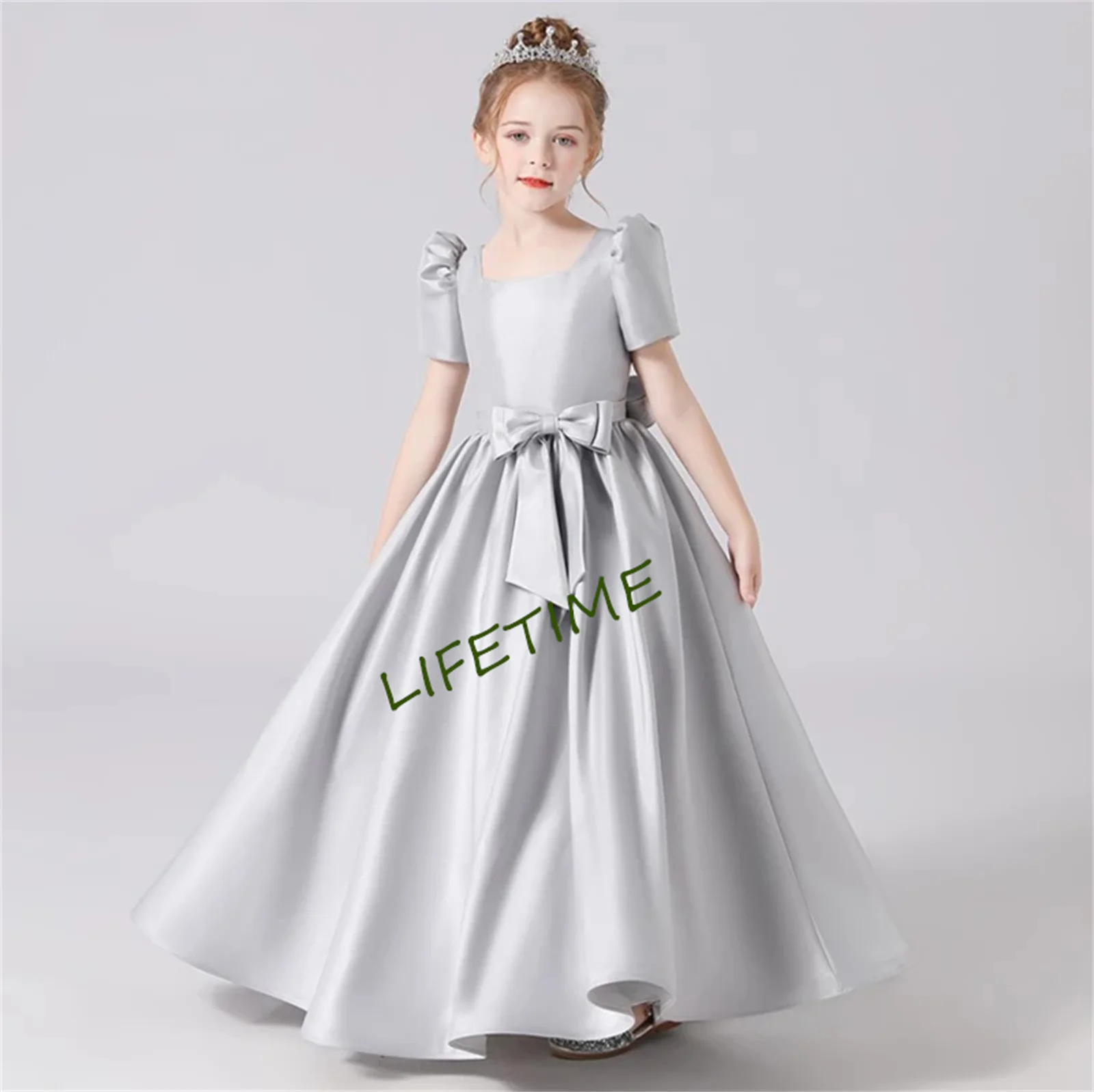 Burgundy Soft Satin Girls Christmas Dress Simple Short Sleeves Floor Length Junior Concert Pary Gown Birthday