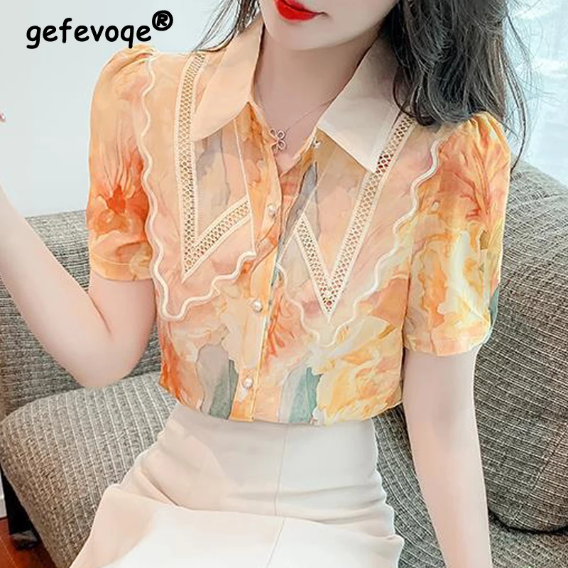 

Women's Korean Fashion Floral Print Lace Mesh Patchwork Shirt Elegant Turn Down Collar Slim Blouse Casual Slim Short Sleeve Tops