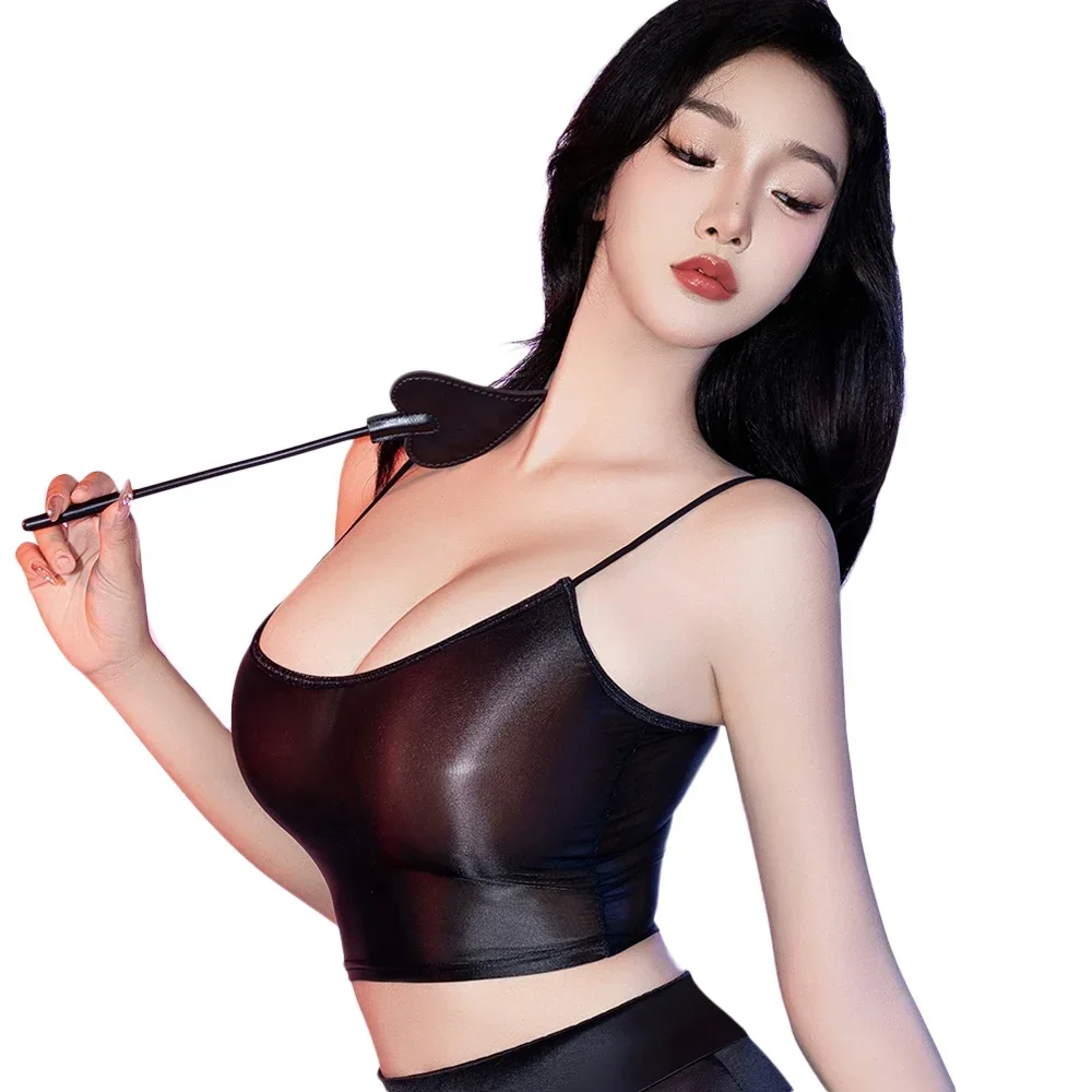 Damskie podkoszulki z paskiem Spaghetti Sexy Oil Shiny Elastic Vest Shaper Wear Woman Clothing Sheer Transparent Crop Tops Gym Tops