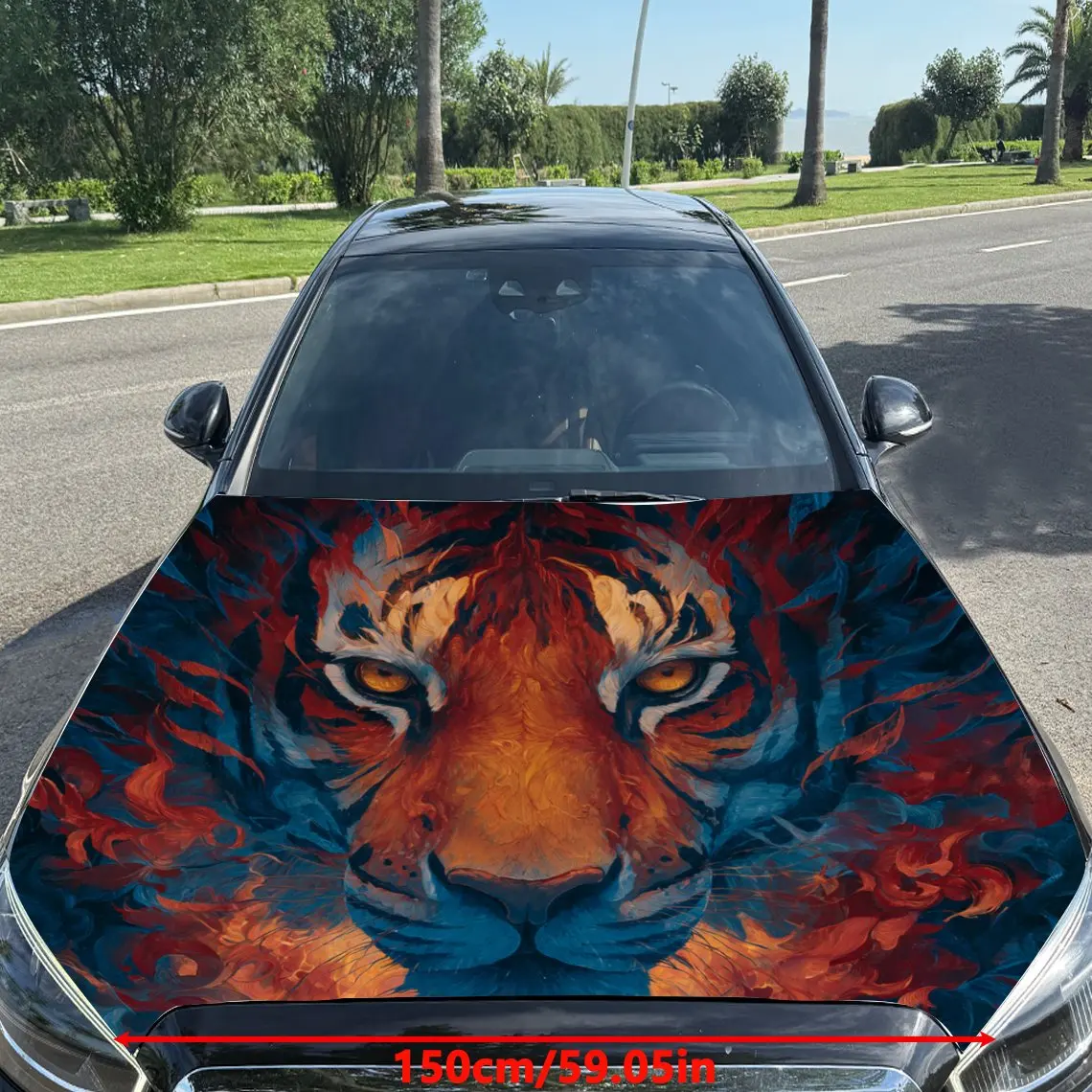 Orange - Flame Blue - Shadow Tiger Car Vinyl Wrap, PVC Material Waterproof Car Hood Sticker, Self-Adhesive Scratch-Resistant Sti