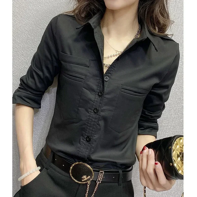 Blusa de gola virada para baixo feminina, manga comprida, peito único, camisa fina, monocromática, bolsos, senhora do escritório, roupas de primavera, X979