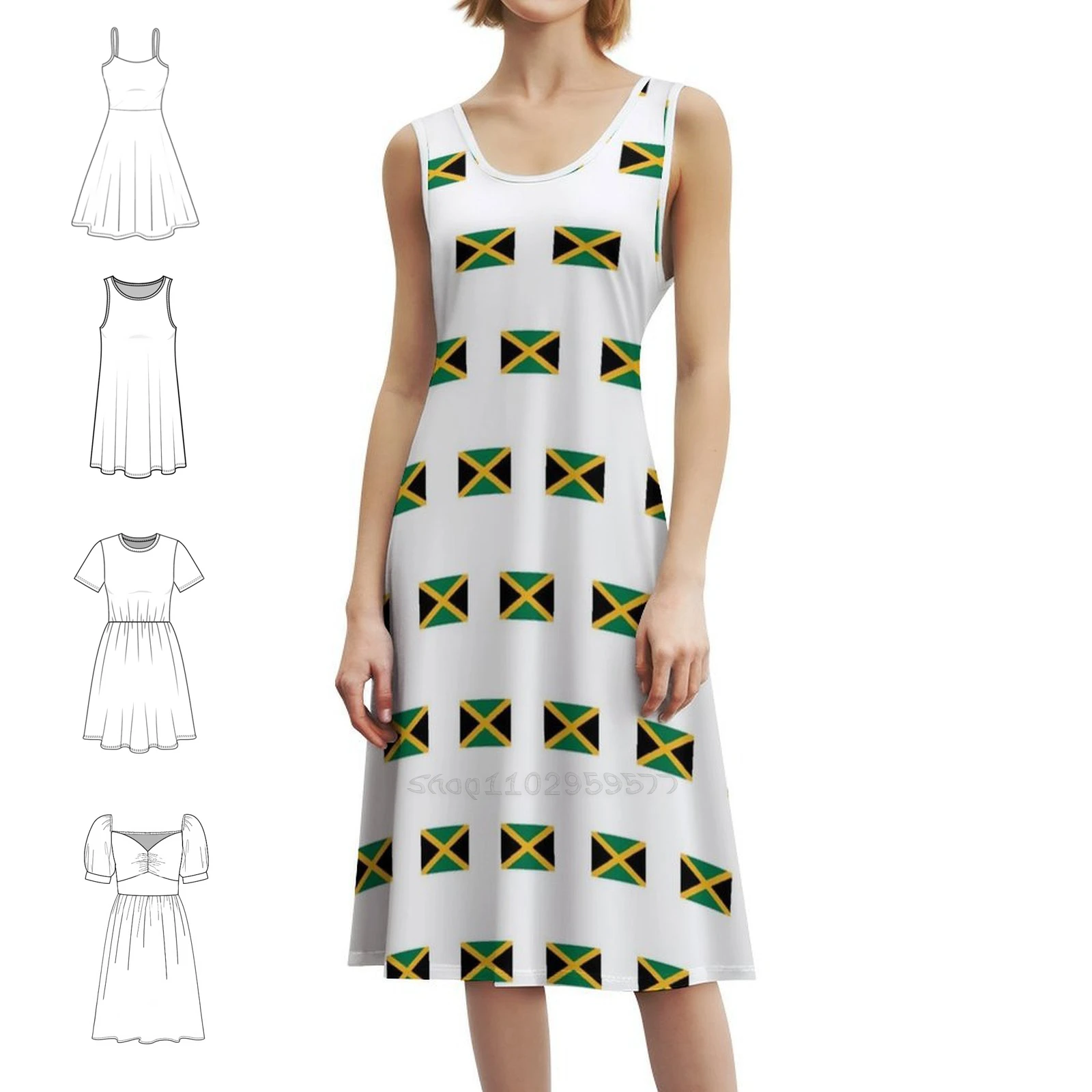 علم جامايكا نمط الأزهار سموك فستان للنساء الربيع الصيف فستان كاجوال للحزب جامايكا جامايكا العلم الجامايكي