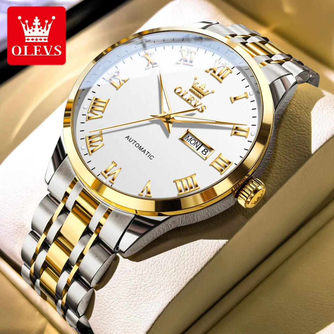 

OLEVS 7060 Simple Mechanical Watch Gift Stainless Steel Watchband Round-dial Wristwatch Week Display Calendar Luminous