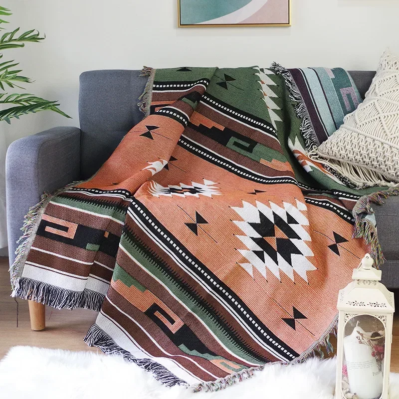 Boho Plaid Thread Knitted Blanket with Tassels Bohemian Decorative Armchair Throw Blanket Jacquard Gaint Couch Sofa Cover Home