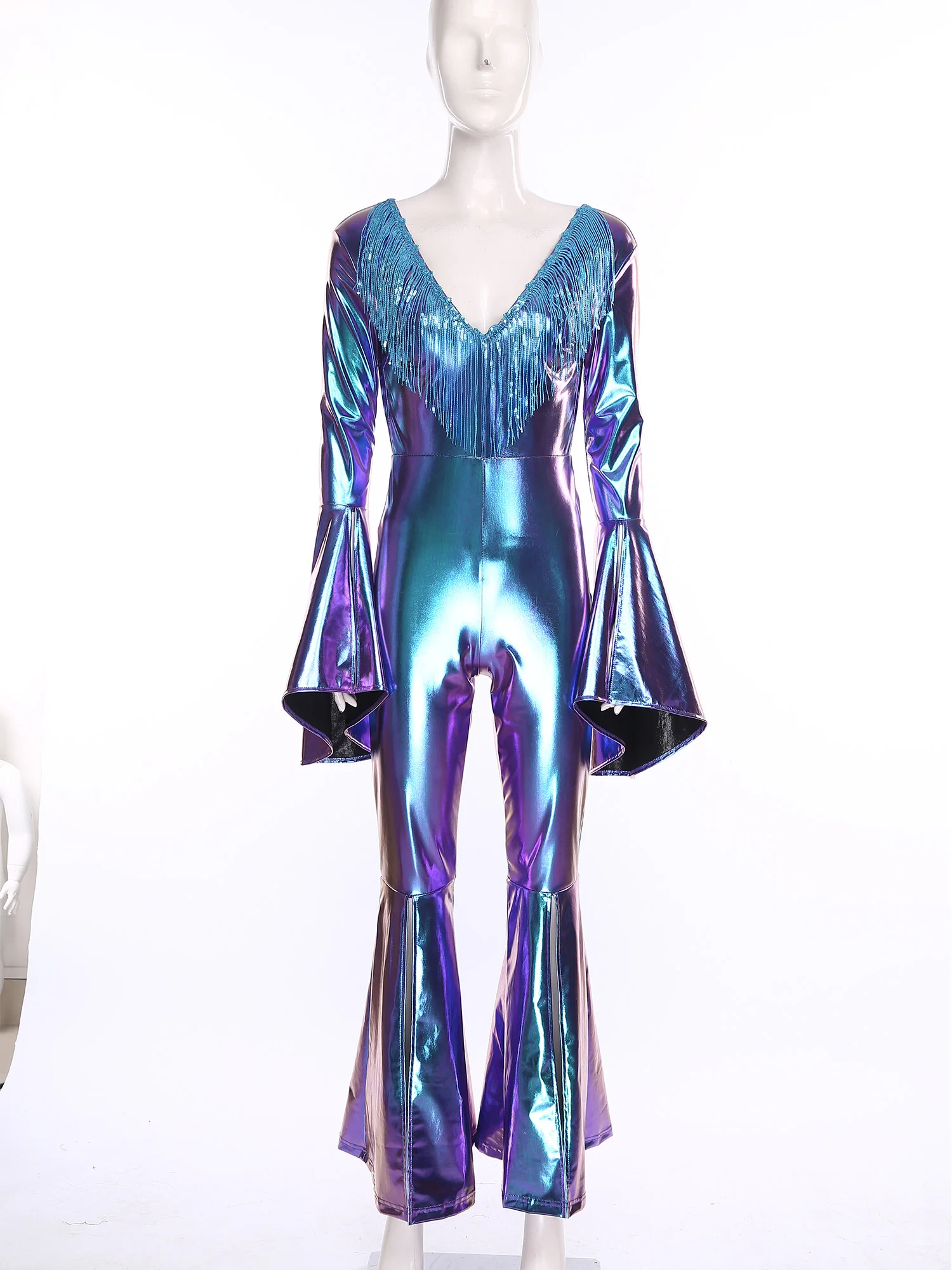 Costume Hippie d'halloween brillant pour femmes, manches longues, paillettes, glands, tenue Disco, bal des années 70 et 80, combinaison évasée, Costumes de fête