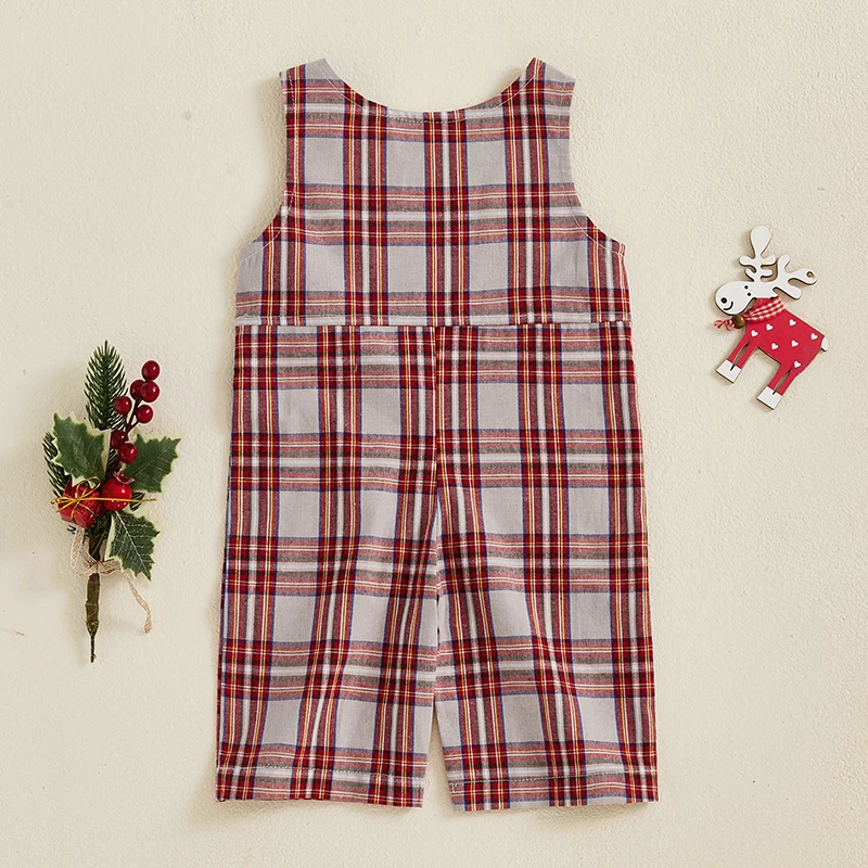 Baby Girl Boy Christmas Overalls Car Santa Embroidery Stripe Paid Print Sleeveless Crew Neck Romper