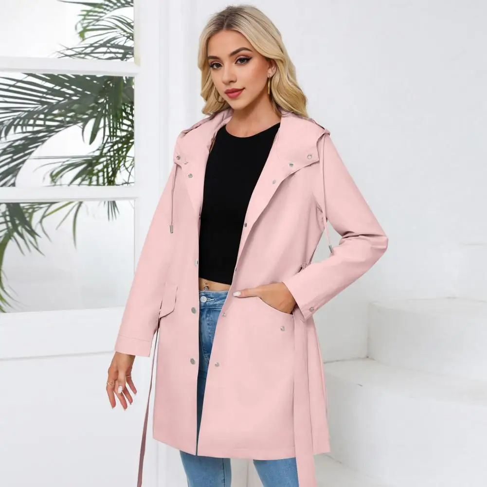 Hooded Jacket Stylish Women's Lace-up Hooded Trench Coat with Tight Waist Drawstring Fall Winter Outdoor Overcoat for Women