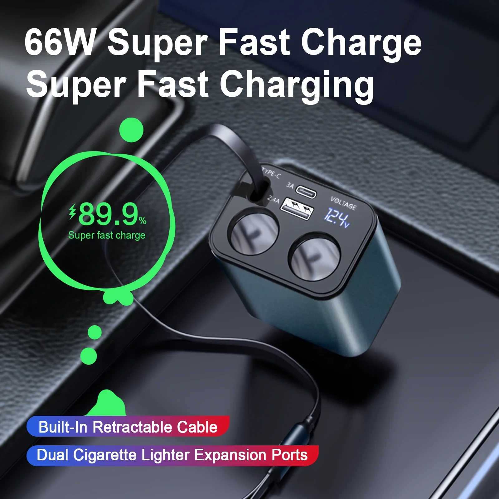 

Oatsbasf 66W Fast Car Charger Retractable Cable Type C USB Charger PD QC SCP FCP 30W PD 25W Car Phone Charger for iPhone Samsung