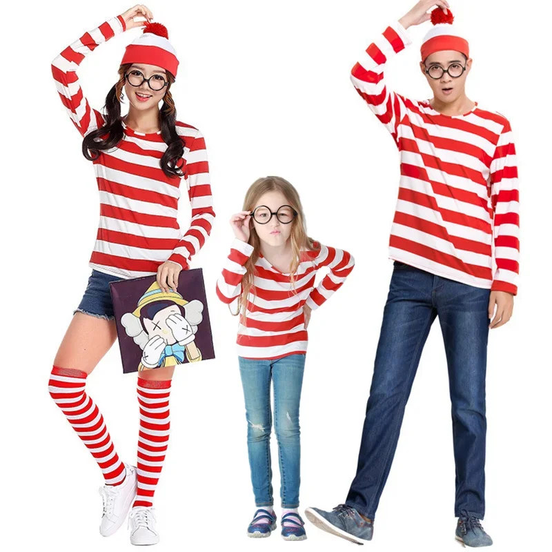 Waldo Book Week Fancy Dress Where's Wally Family Matching Parent-Child Costume Red White Stripe Shirt +Hat +Glasses Girls Boys