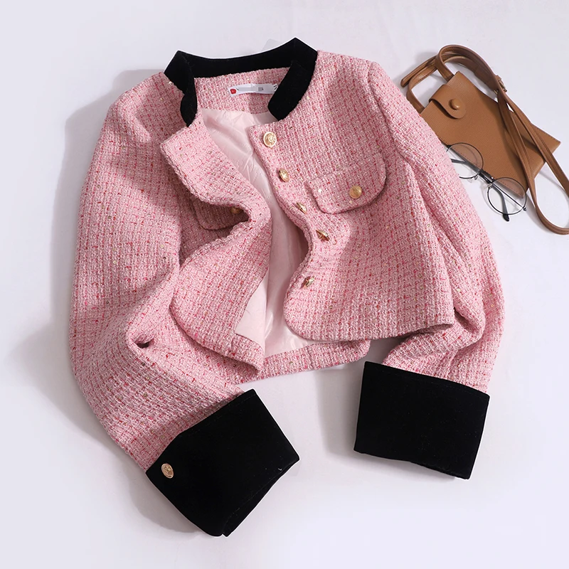 Nomikuma Contrast Color Patchwork Elegant Woolen Jacket Women's Autumn Winter 2023 New Fashion Plaid Breasted Short Coat Top