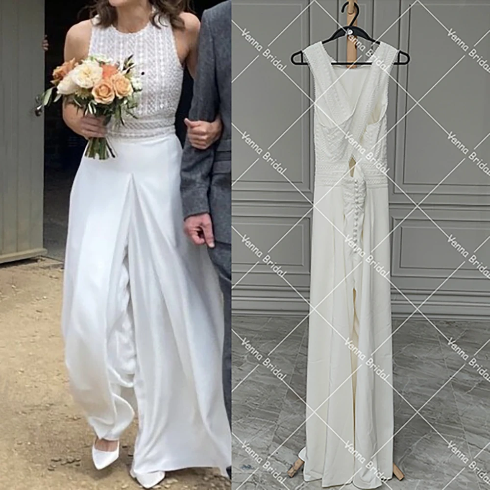 Mono de boda de crepé, piernas anchas, cuello redondo, personalizado, talla grande, moderno, bohemio, lentejuelas, encaje, espalda abierta cruzada, pantalones con bolsillos