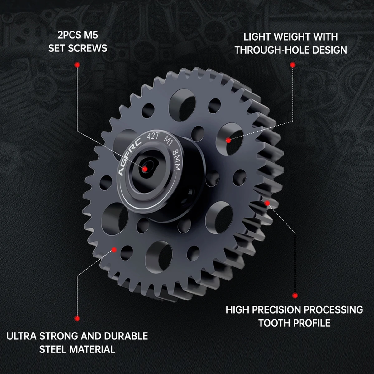 AGFRC Gear Hardened Steel 8MM MOD1 18T - 46T Pinion Motor Gear M5 Set Screw for High Speed Runs and Drag Racing Application