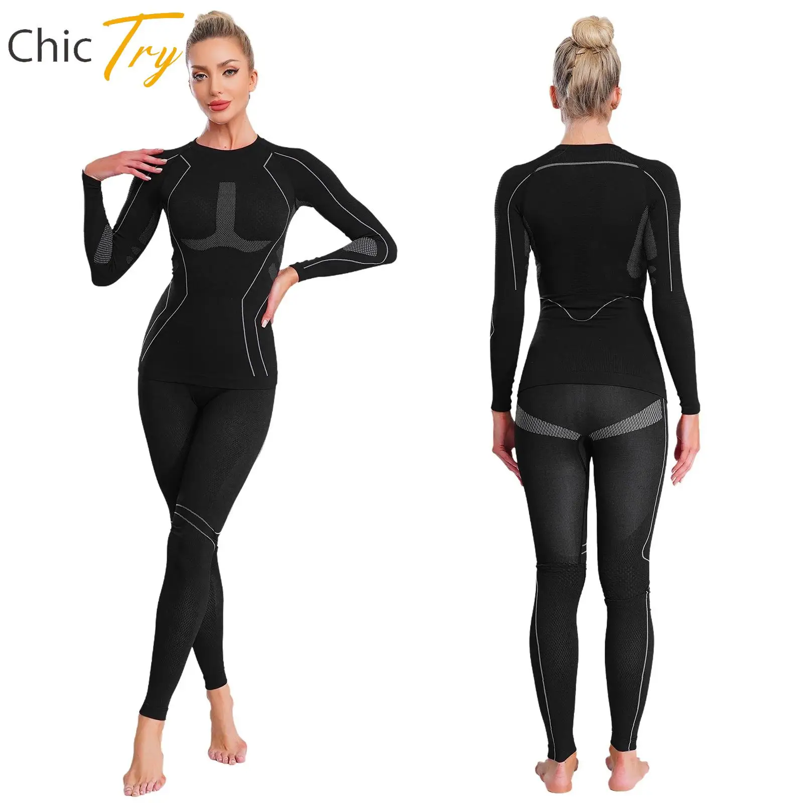 

Women Stylish Skiing Moisture-Wicking Thermal Underwear Long Sleeve Top with Stretchy Leggings for Skiing Cycling Hiking Sports
