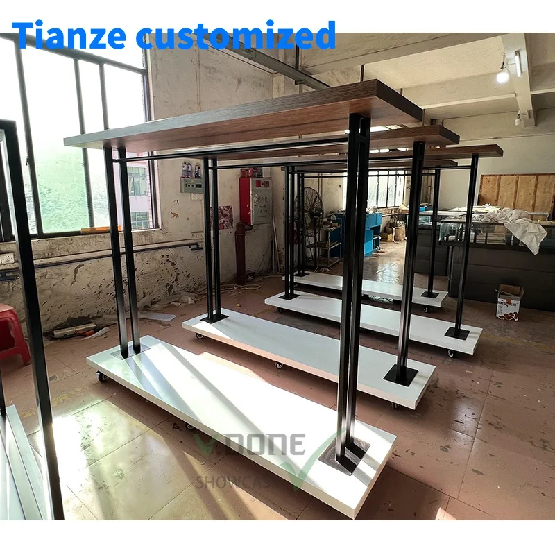 [Customized]boutique retail clothing store rack furniture black stand metal garment display racks with shelves clothes shop inte