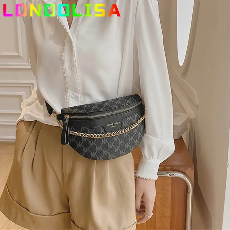 Women\'s Chain Fanny Pack PU Leather Waist Bag Shoulder Crossbody Chest Bags Luxury Designer Handbag Female Belt Bag Phone Purses